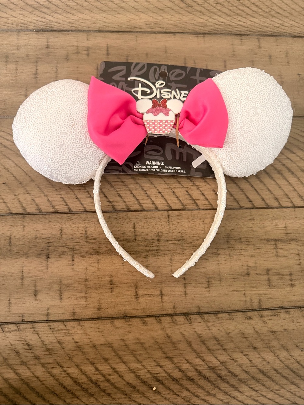 [Disney] NWT White & Pink Sequin Cupcake Mickey Minnie Ears